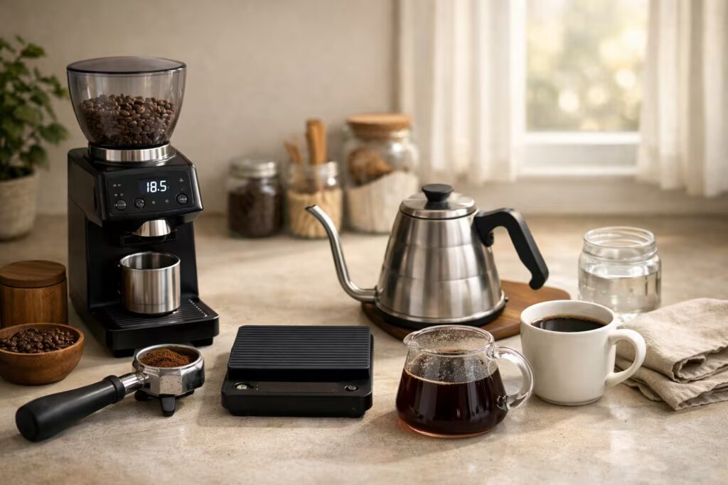 How to Dial In Coffee at Home (Drip, Pour-Over, Espresso) 1 Home coffee dialing-in setup on a kitchen counter with grinder, scale, kettle, and brewed coffee in soft natural light