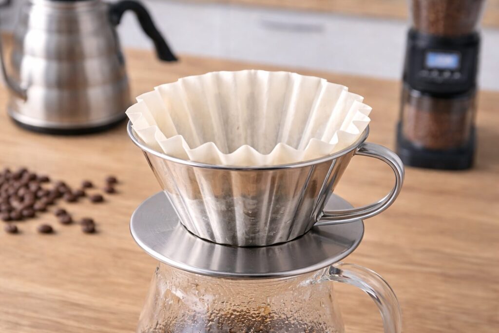 Pour-Over Filters Compared (V60 vs Kalita Wave vs Chemex): Taste, Flow Rate, and What to Buy 4 Kalita Wave fluted filter in a flat-bottom dripper