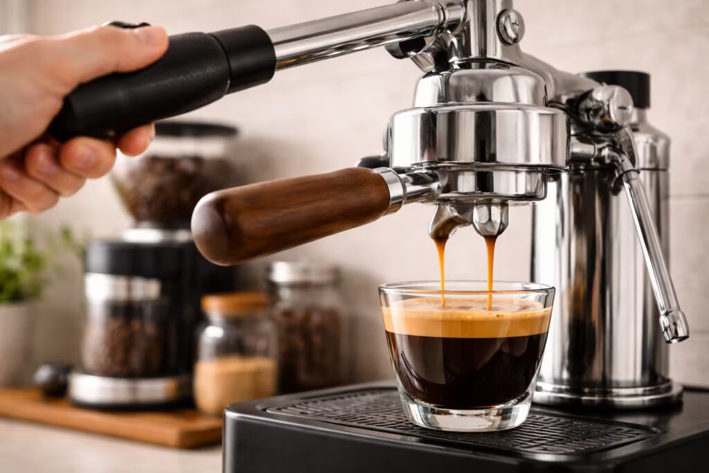 Espresso Machine Types Explained 2 Manual lever espresso machine close-up showing lever and portafilter during brewing