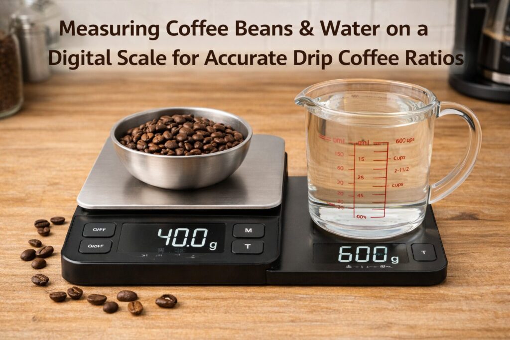 Drip Coffee Ratio (Simple Chart + Fixes) 3 Measuring coffee beans and water on a digital scale for accurate drip coffee ratios