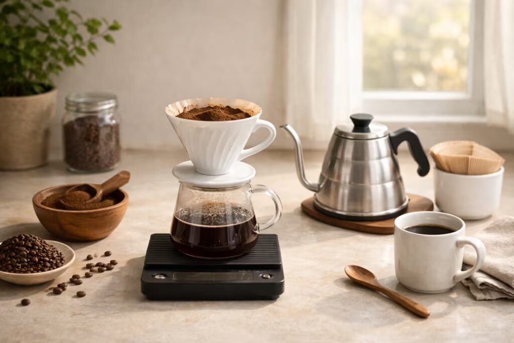 How to Dial In Coffee at Home (Drip, Pour-Over, Espresso) 9 Pour-over coffee setup with dripper, paper filter, gooseneck kettle, scale, and coffee grounds on a bright kitchen counter