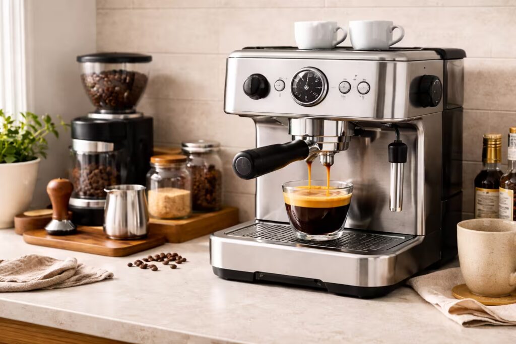 Espresso Machine Types Explained 5 Semi-automatic espresso machine brewing espresso with portafilter locked into the group head