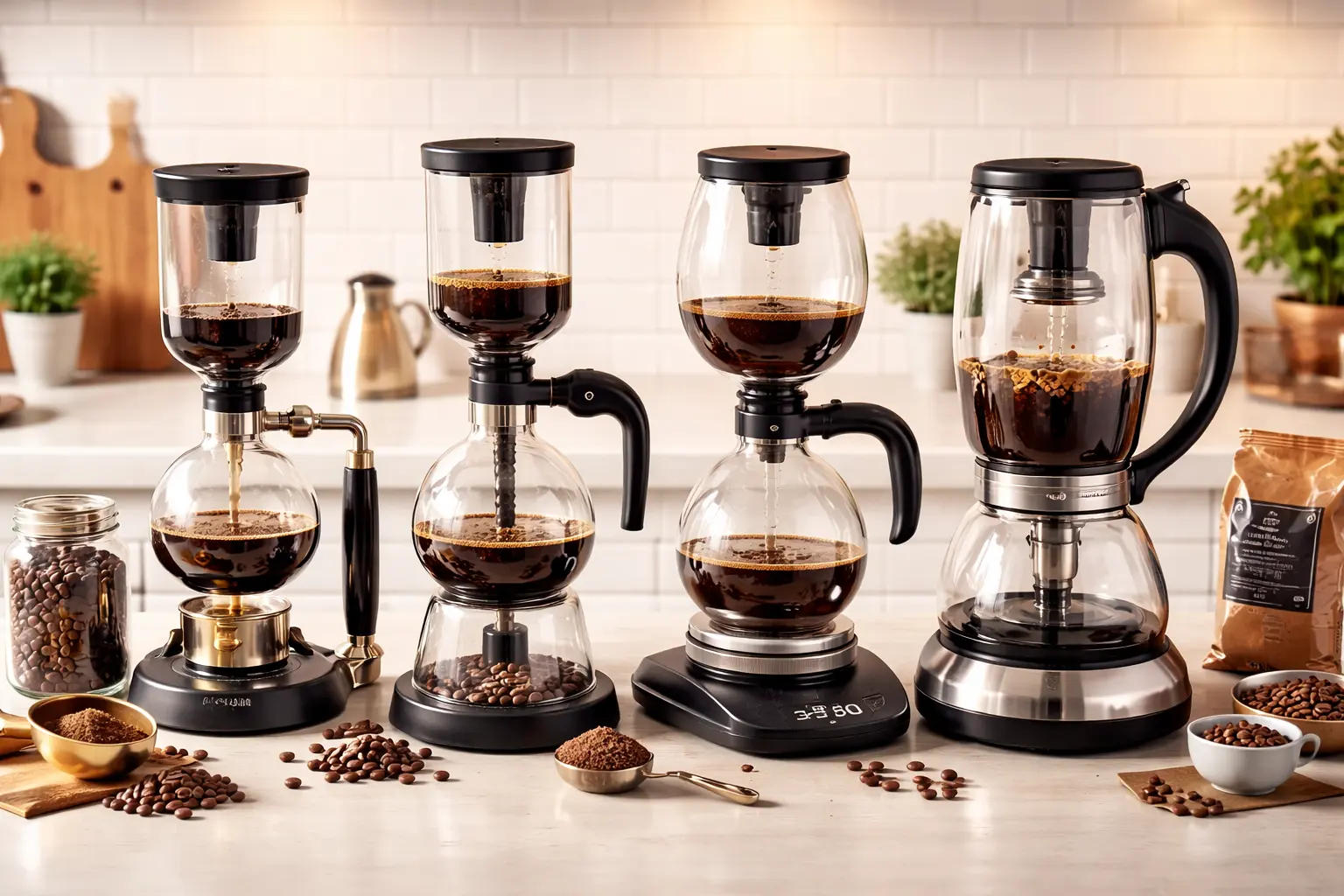 Siphon vs pour-over: Glass siphon coffee makers on a kitchen counter