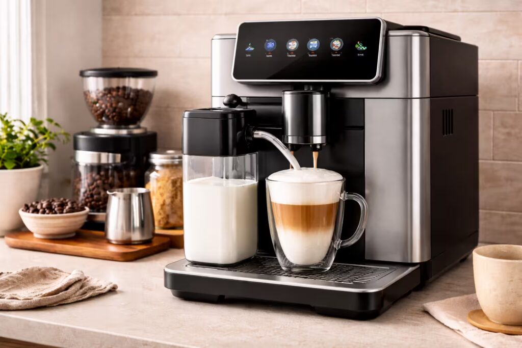 Espresso Machine Types Explained 14 Super-automatic espresso machine preparing a milk drink with automatic frothing system