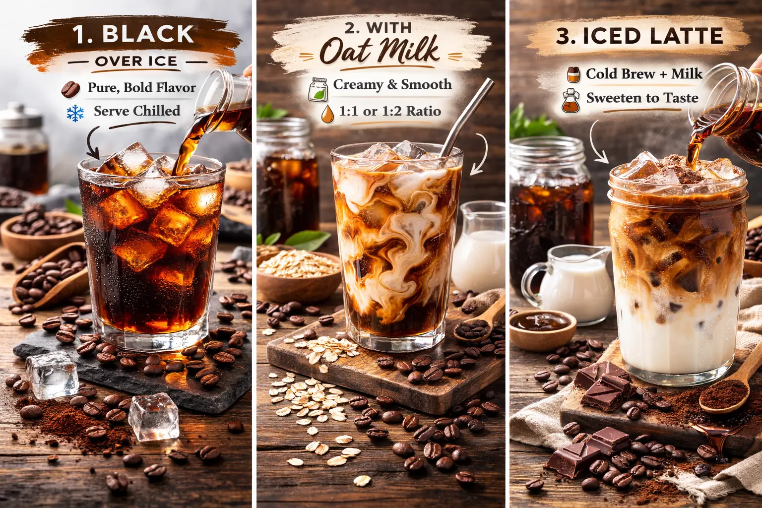 AeroPress Iced Coffee Guide: How to Brew It Perfectly 2 Three ways to serve cold brew coffee black over ice, with oat milk, and as an iced latte