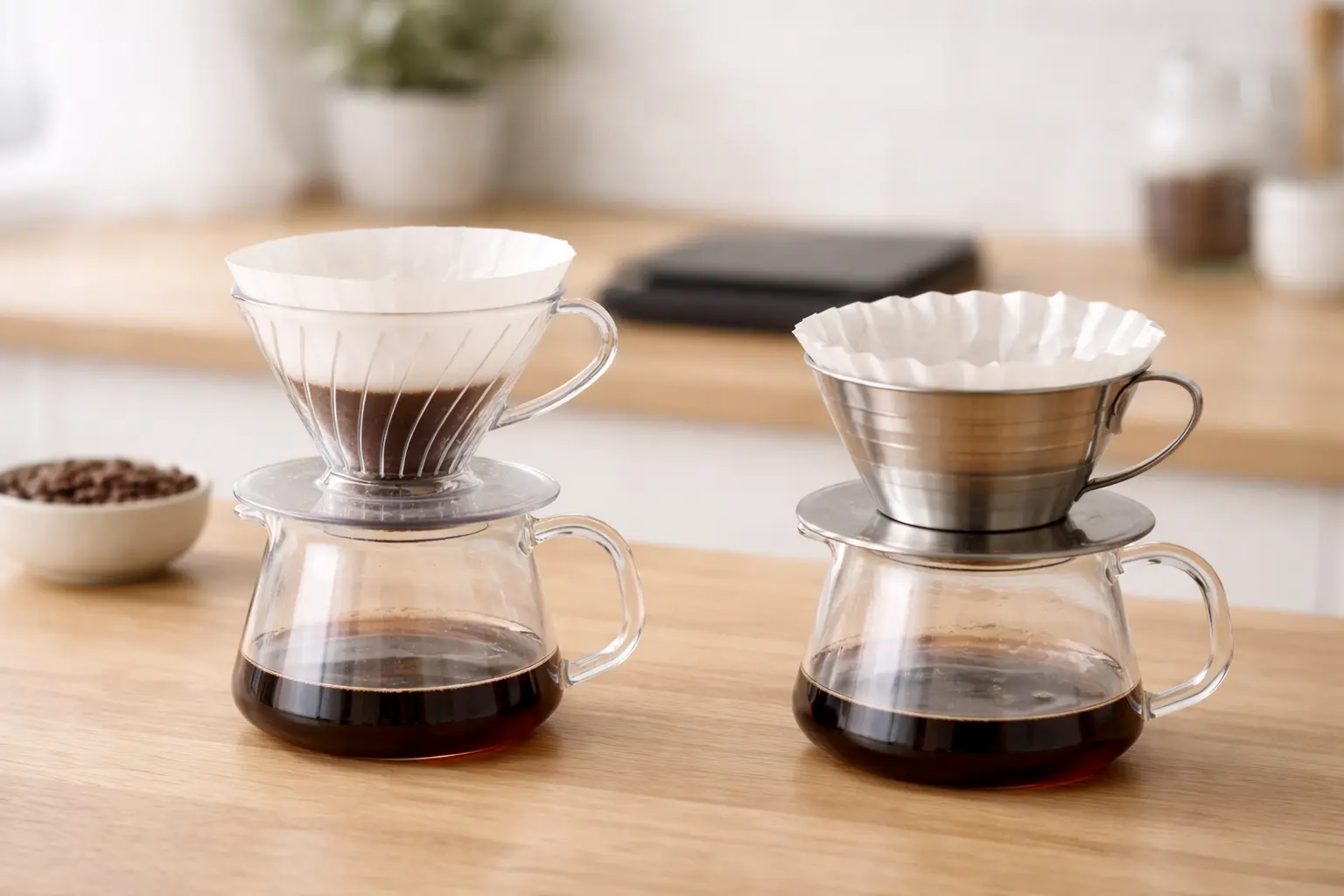 V60 cone dripper and Kalita Wave flat-bottom dripper side by side