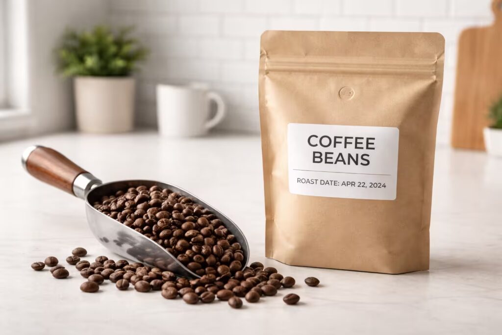 The Ultimate Coffee Bean Buying Guide 3 Whole coffee beans in a scoop beside a sealed bag with roast date, on a clean kitchen counter