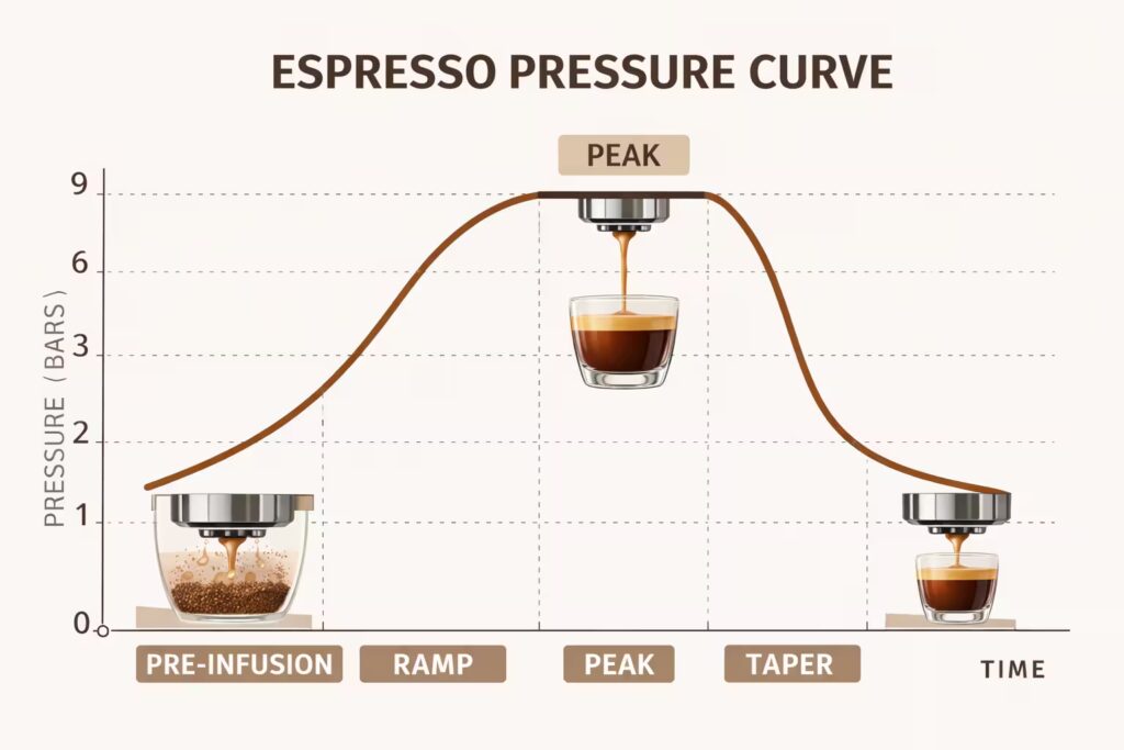 Illustration of an espresso pressure curve showing pre-infusion, ramp, peak, and taper