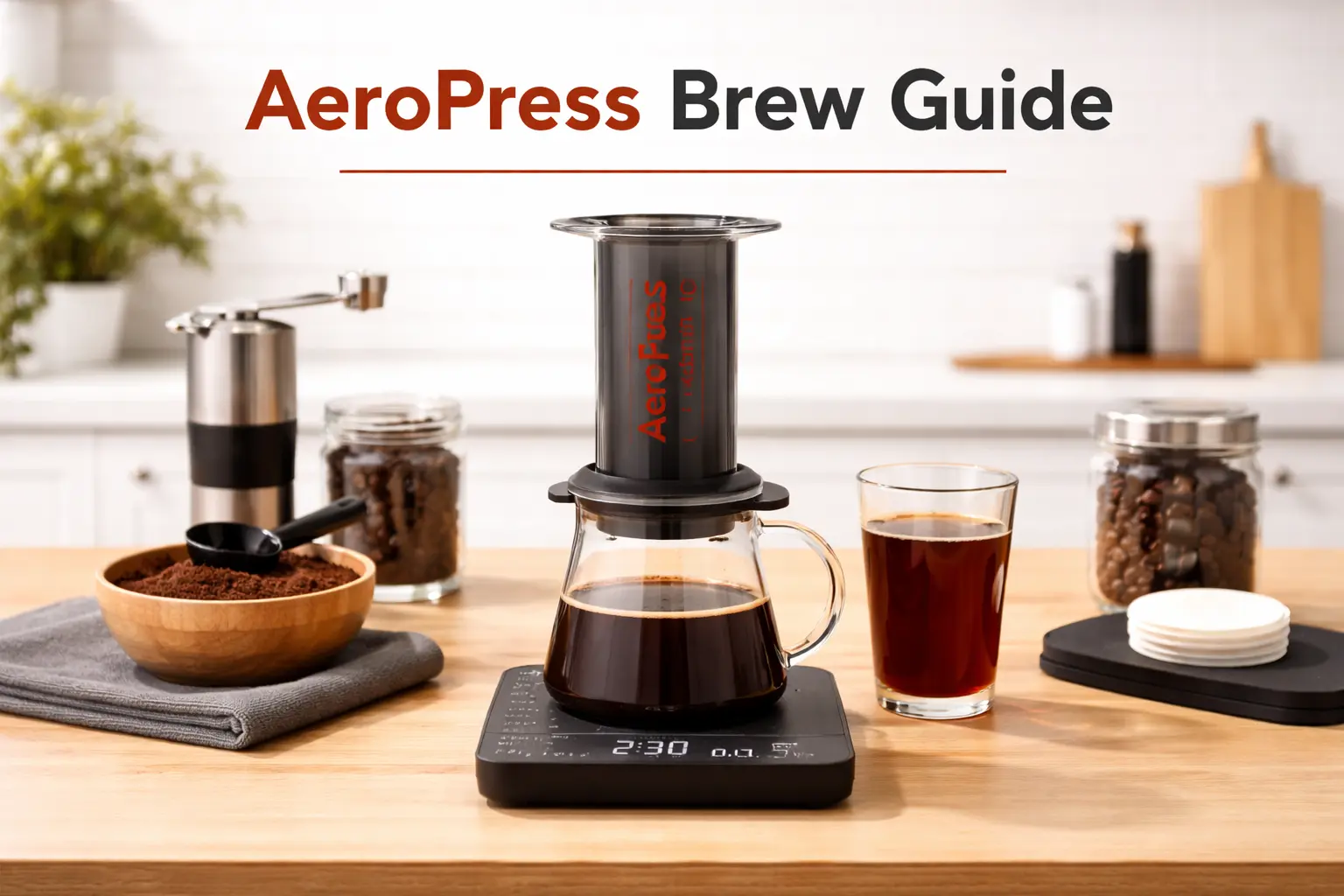 AeroPress brew guide with brewer, scale, freshly ground coffee, and a finished cup