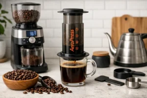 AeroPress Grind Size Guide: Best Settings, Dial-In Method & Grinder Chart 8 AeroPress brewing on a modern kitchen counter with a burr grinder and whole coffee beans