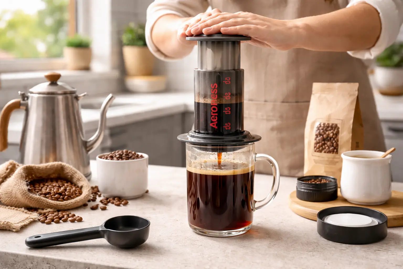 AeroPress pressing coffee into a mug