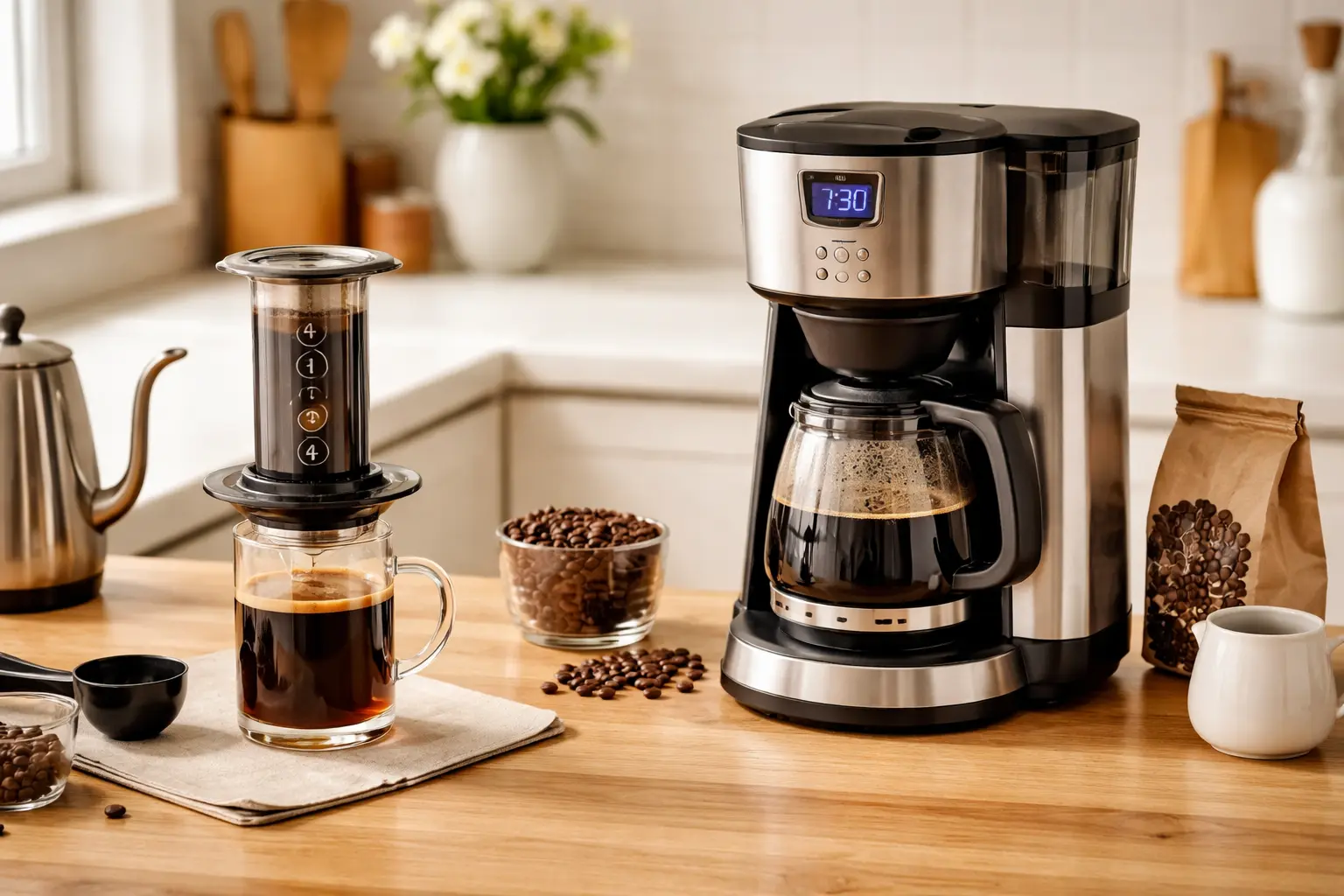 AeroPress brewer and drip coffee machine side by side on a kitchen counter