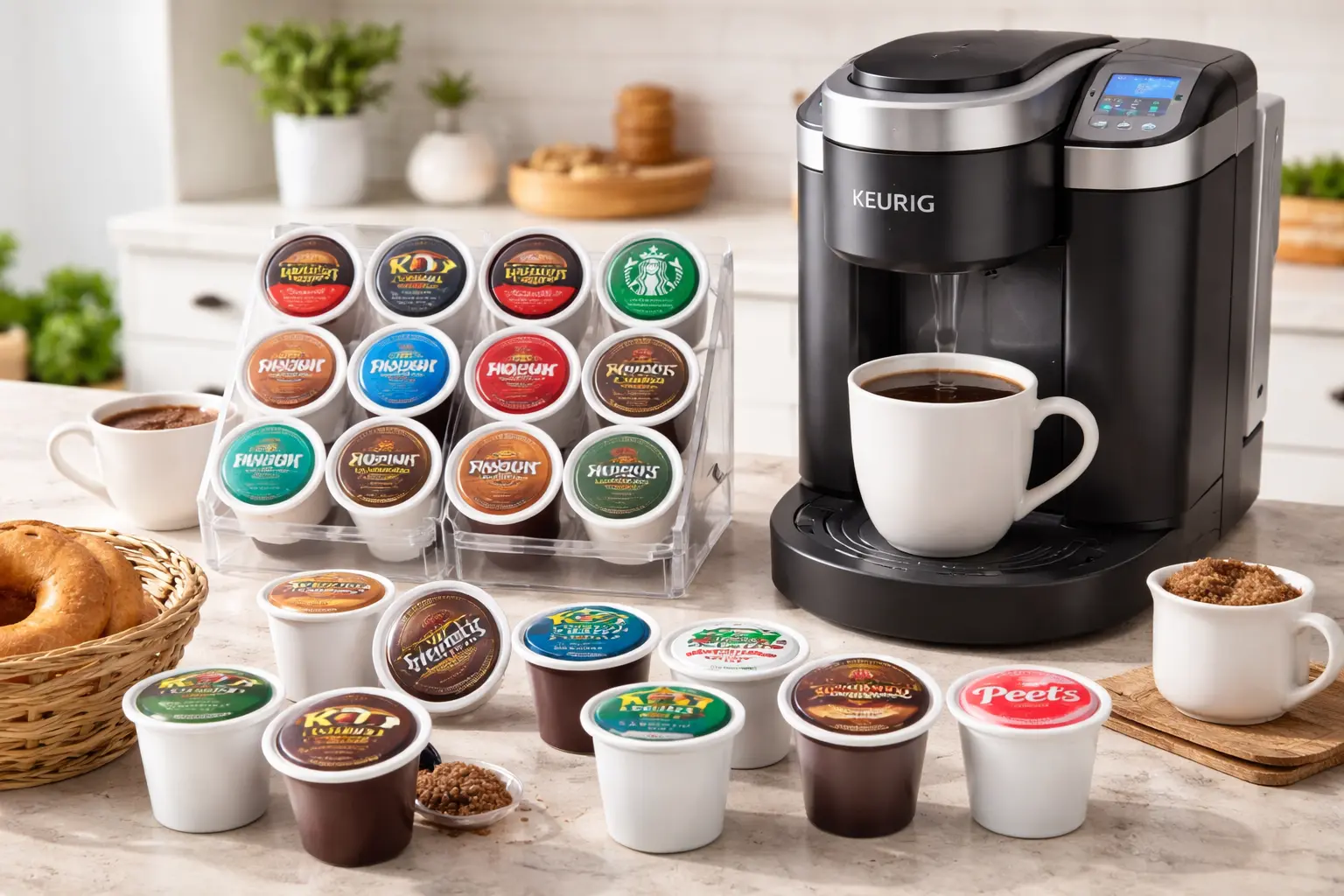 Office Coffee Station Setup: Complete Break-Room Checklist (2026) 7 Assorted K-Cup coffee pods beside a Keurig brewer