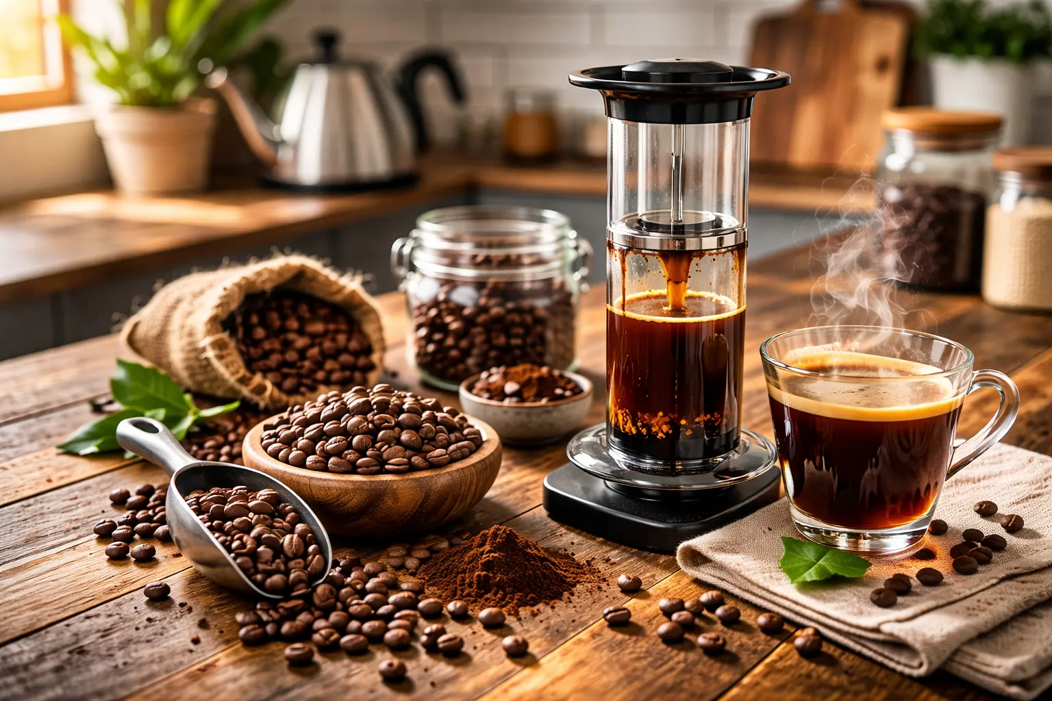Whole coffee beans with an AeroPress brewer and freshly brewed coffee