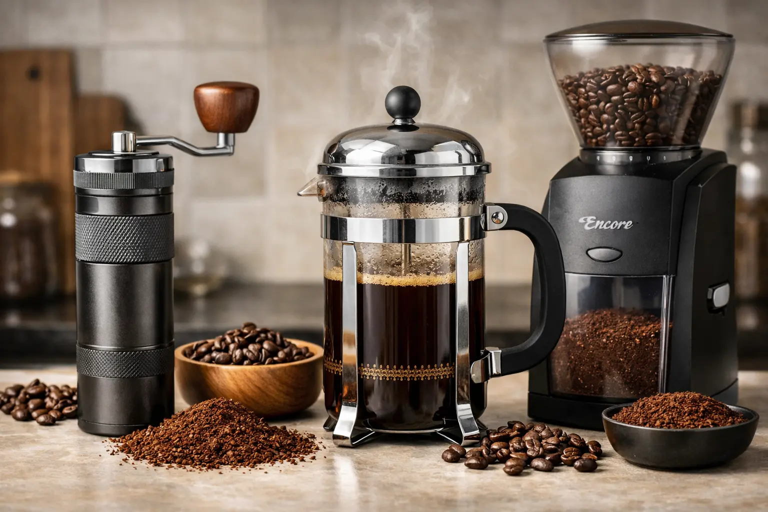KINGrinder K6 and Baratza Encore beside a French press