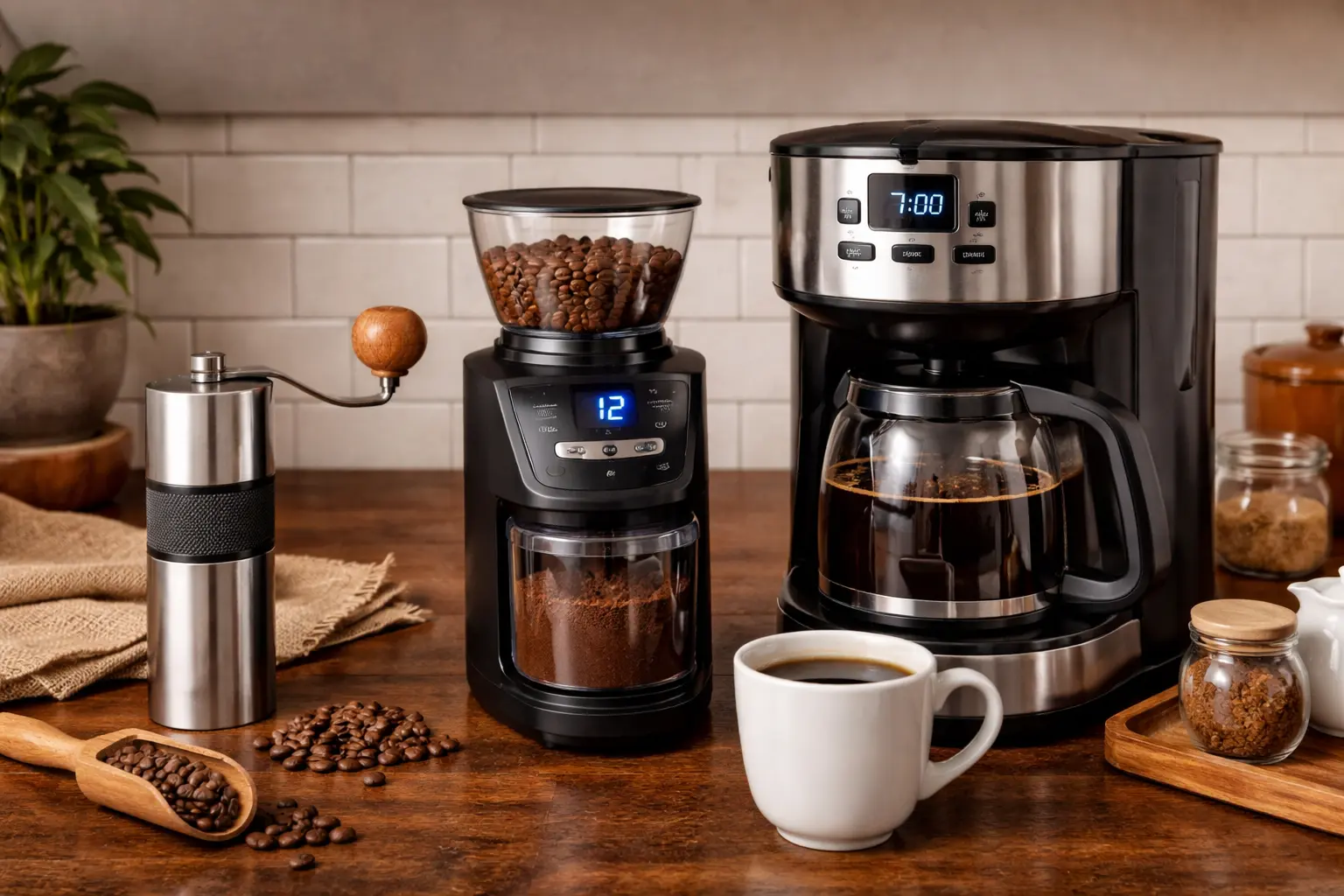 Manual and electric burr grinders beside a drip coffee maker