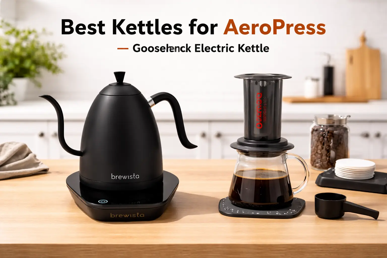 Best kettles for AeroPress: a gooseneck electric kettle next to an AeroPress brewer on a wood counter