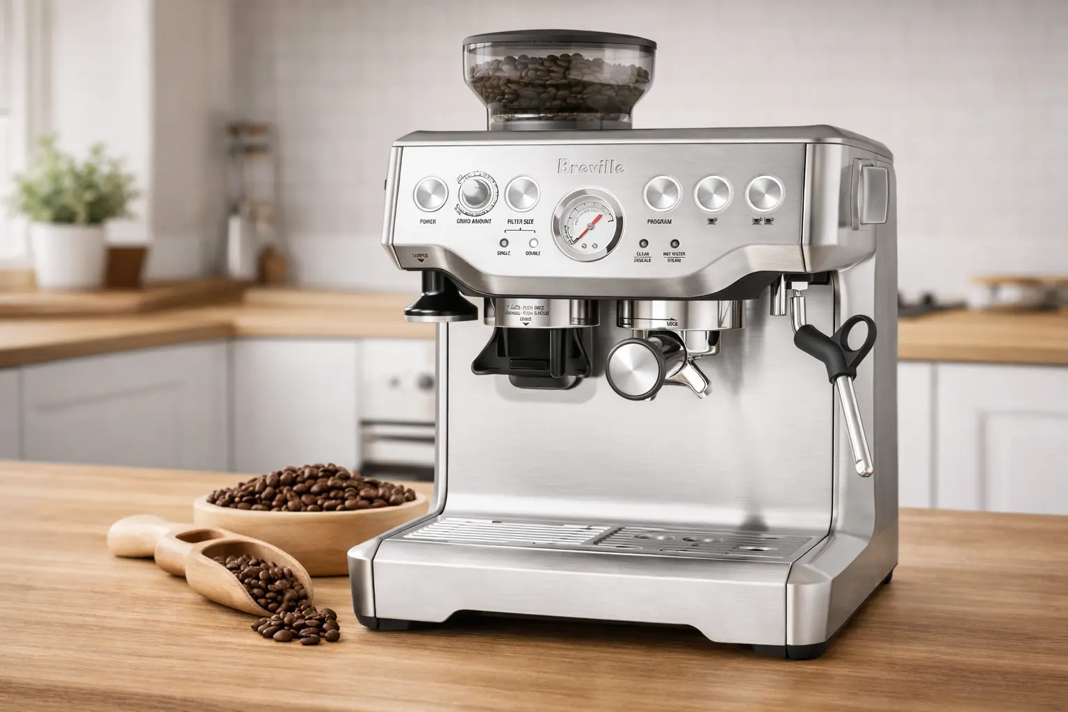 Breville Barista Express espresso machine with built-in grinder and pressure gauge