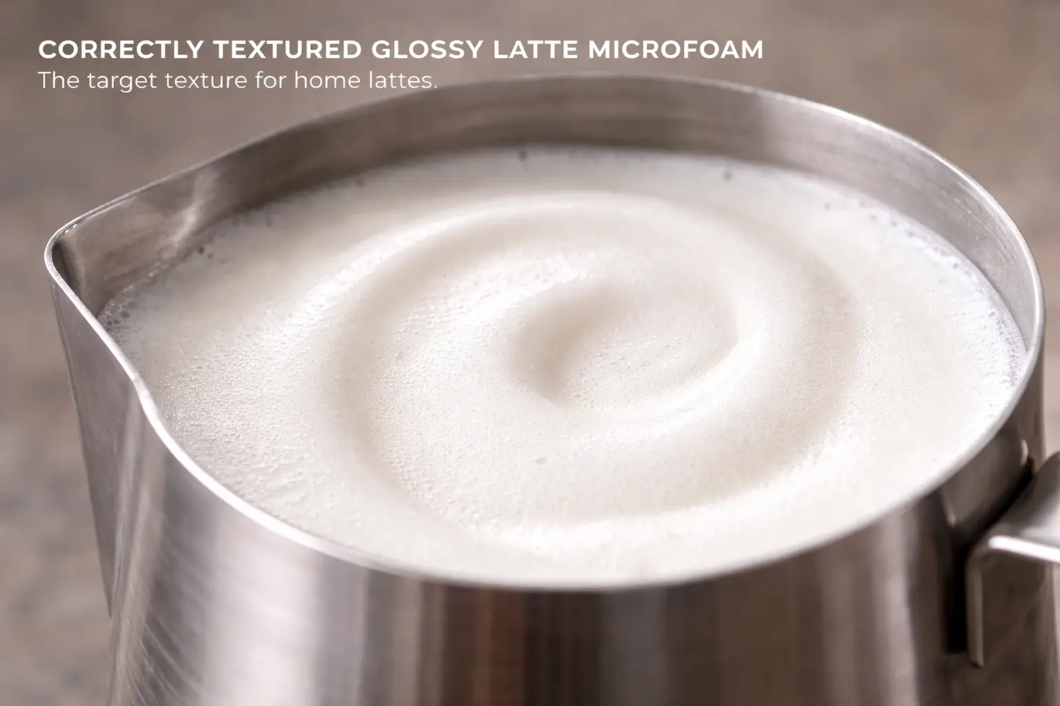 Latte vs cappuccino vs flat white: glossy steamed milk microfoam in a stainless pitcher