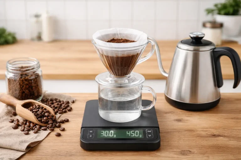 Coffee brew ratio guide — digital scale measuring 1:15 coffee to water ratio with grounds and kettle on kitchen counter