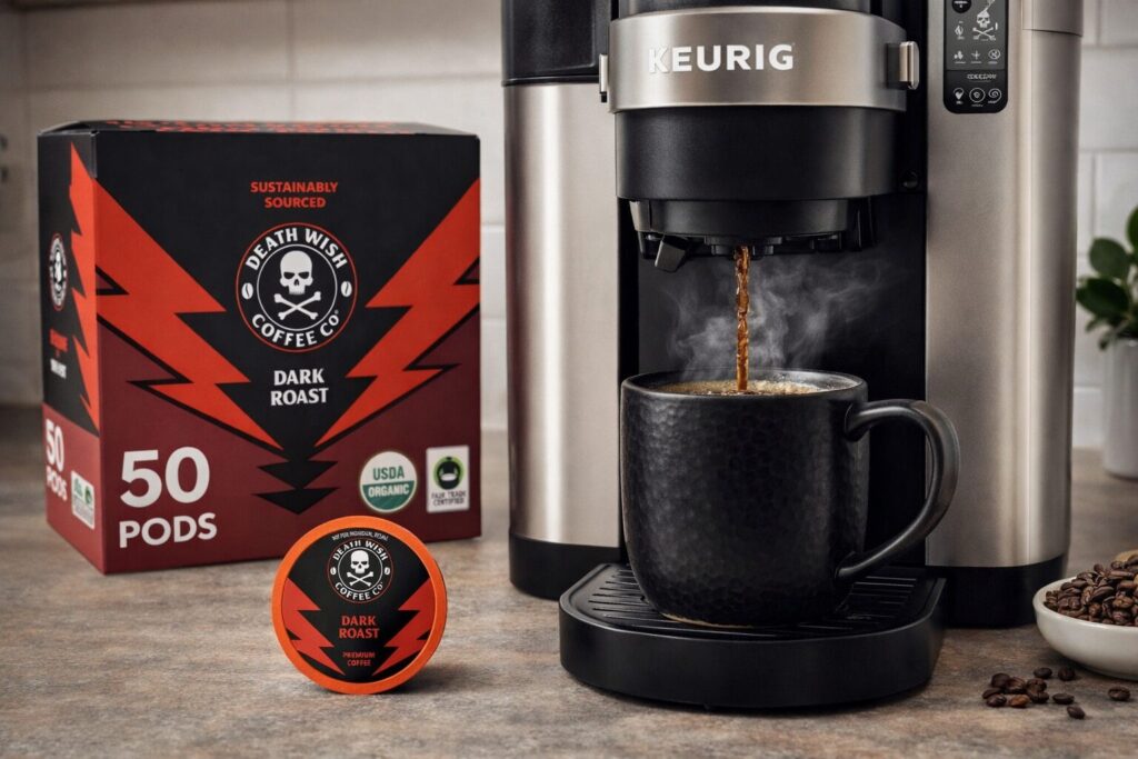 Death Wish K-Cup brewing in a Keurig on a kitchen counter