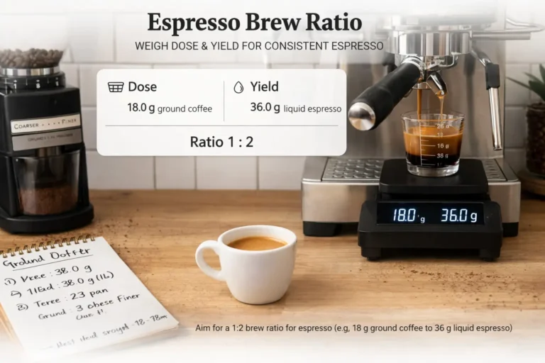 Espresso brew ratio — a digital scale under a portafilter cup showing dose weight and liquid yield, with a double espresso in a white demitasse beside a grinder
