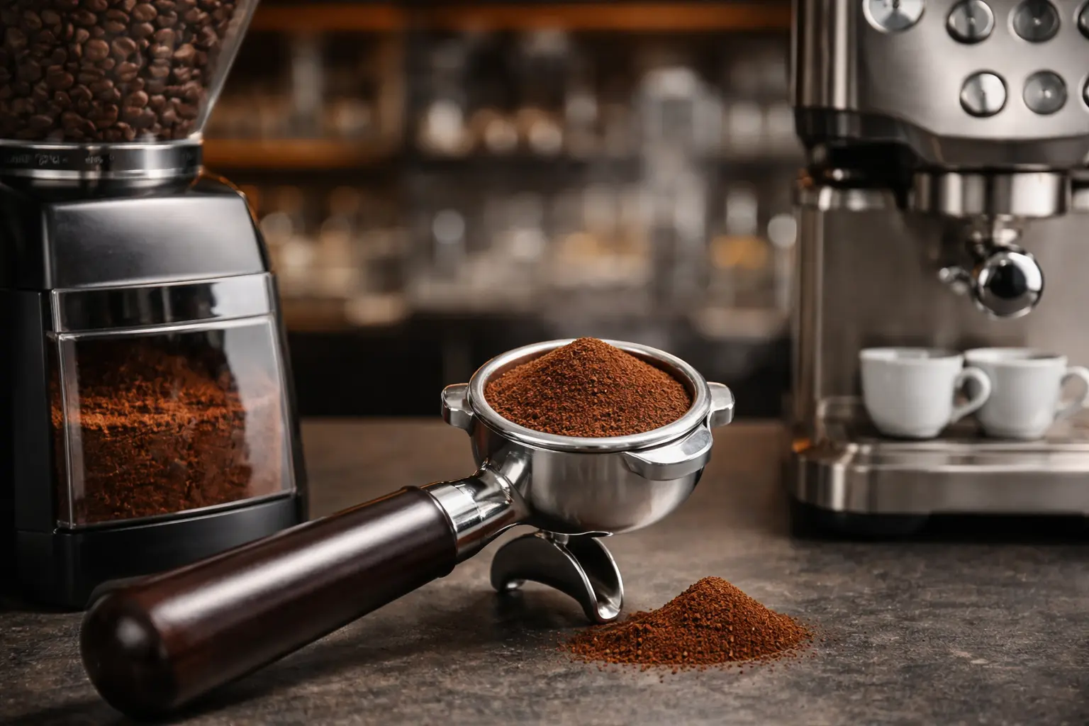 Portafilter with fine espresso grounds beside a burr grinder
