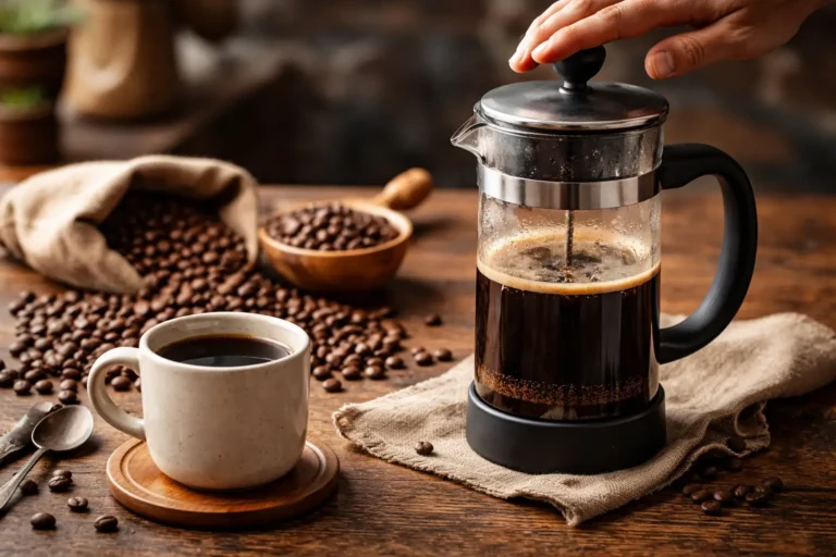 French press brew guide - French press coffee maker being pressed on a wooden surface with whole bean coffee and a ceramic cup
