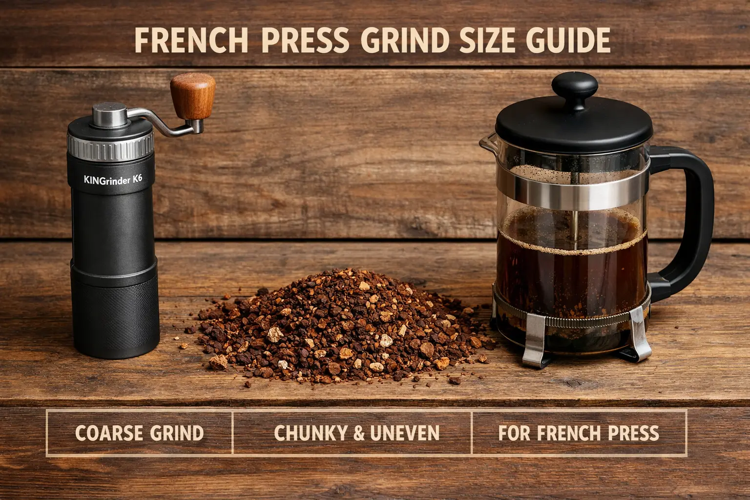 KINGrinder K6 manual grinder beside coarse coffee grounds and a French press