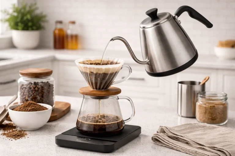 Gooseneck kettle pouring hot water over a V60 pour over dripper on a kitchen counter