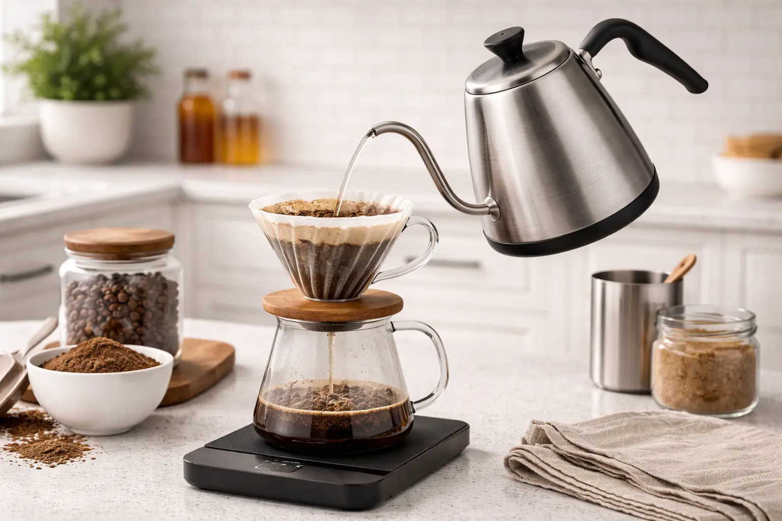Hario V60 recipe: a gooseneck kettle pouring hot water over a V60 pour-over dripper
