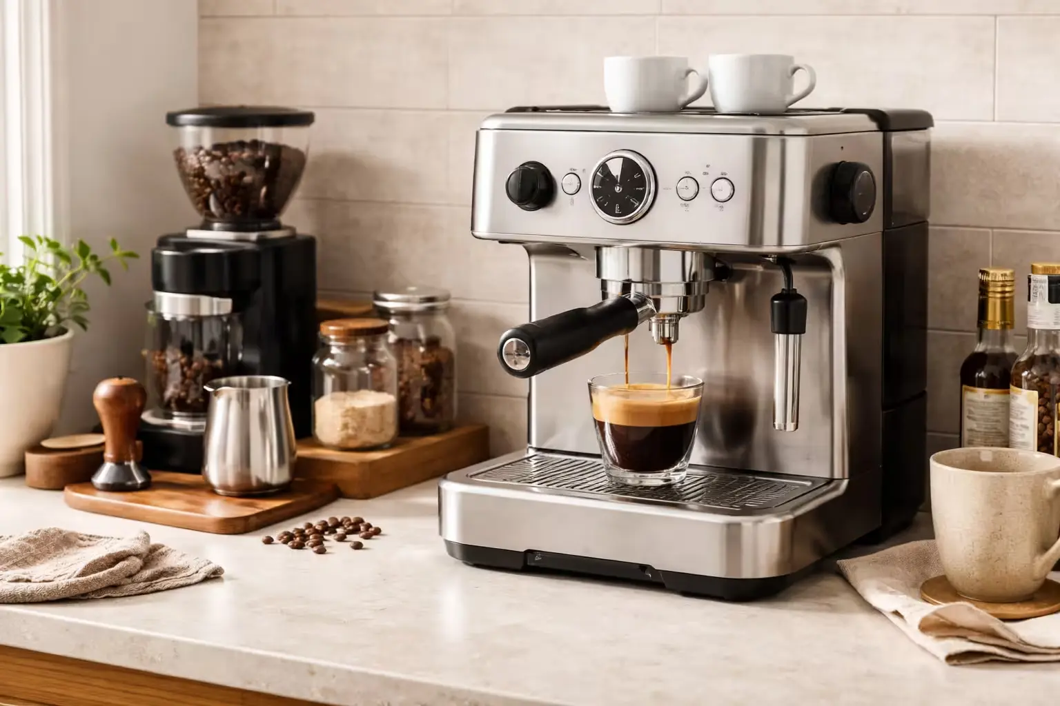 Espresso Machine Types Explained 1 Home semi-automatic espresso machine brewing a shot on a kitchen counter
