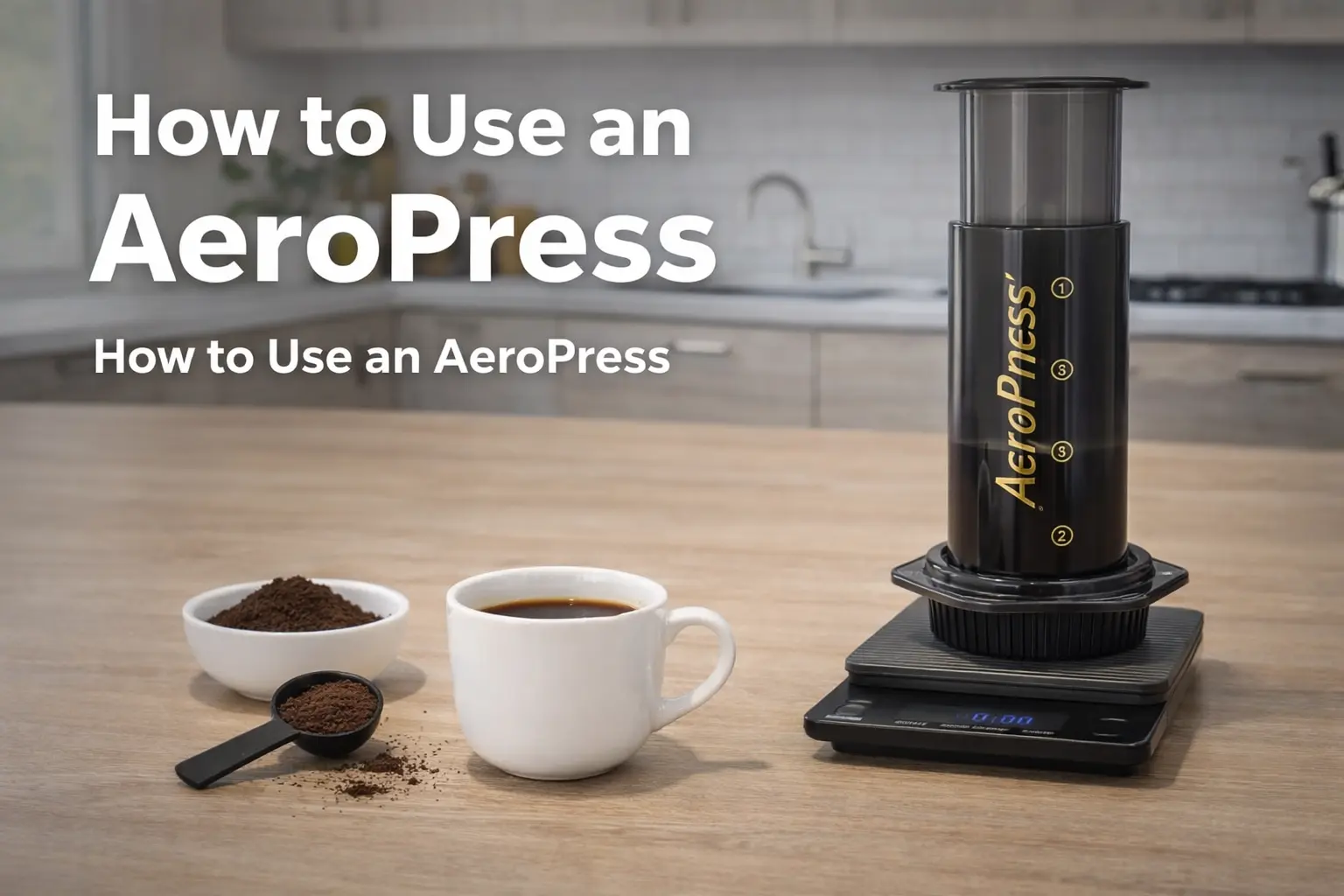 AeroPress brewer with ground coffee, scale, and finished cup