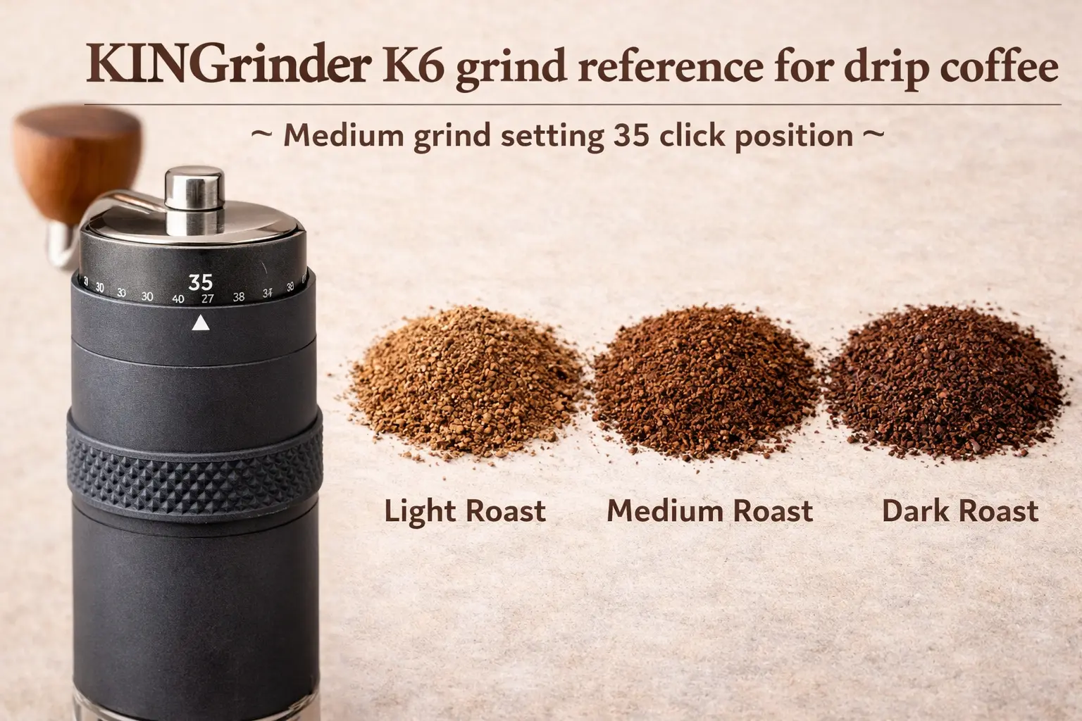 KINGrinder K6 grind settings chart for espresso, moka pot, AeroPress, pour-over, French press and cold brew