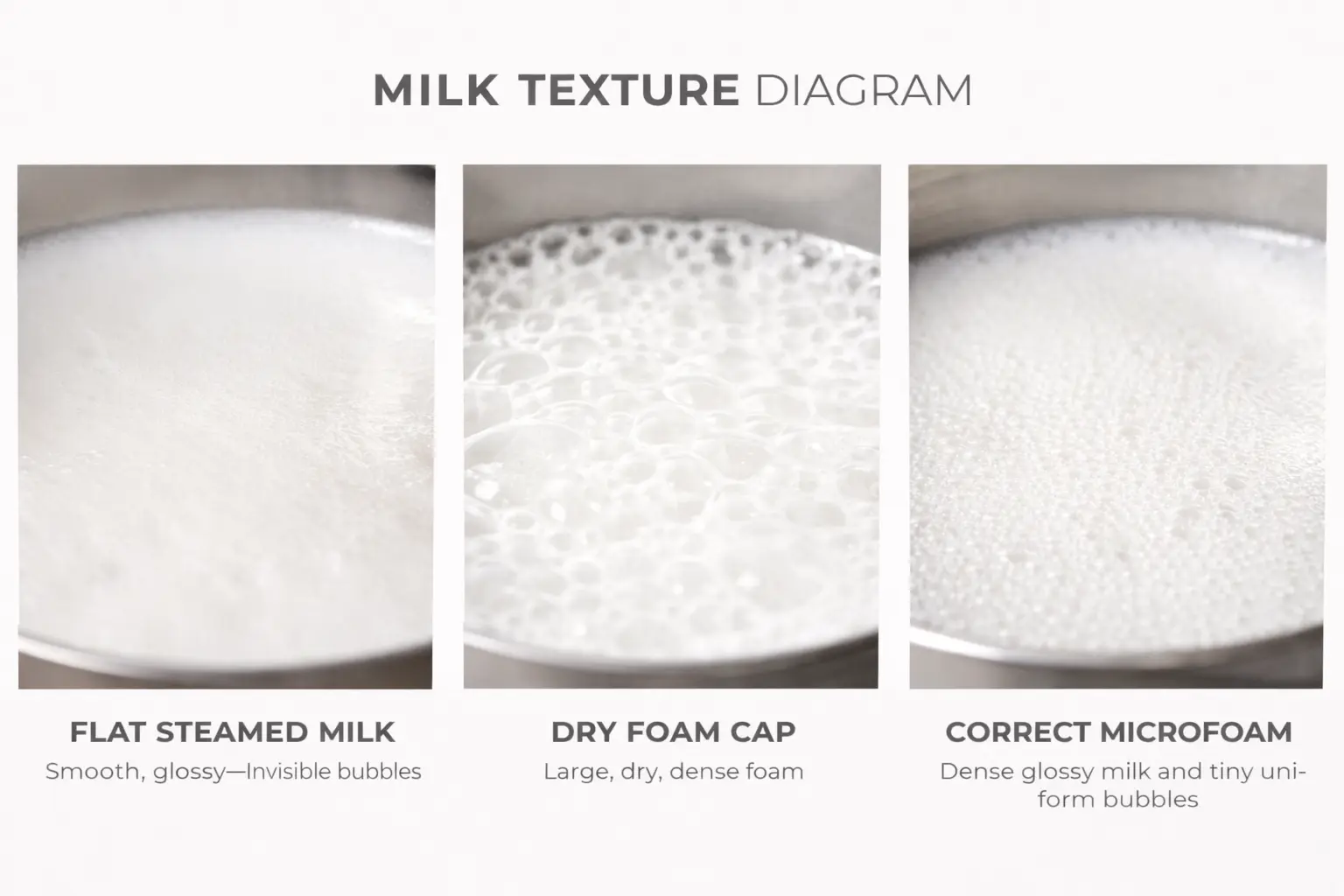 Milk texture comparison: flat steamed milk, dry foam, and glossy microfoam
