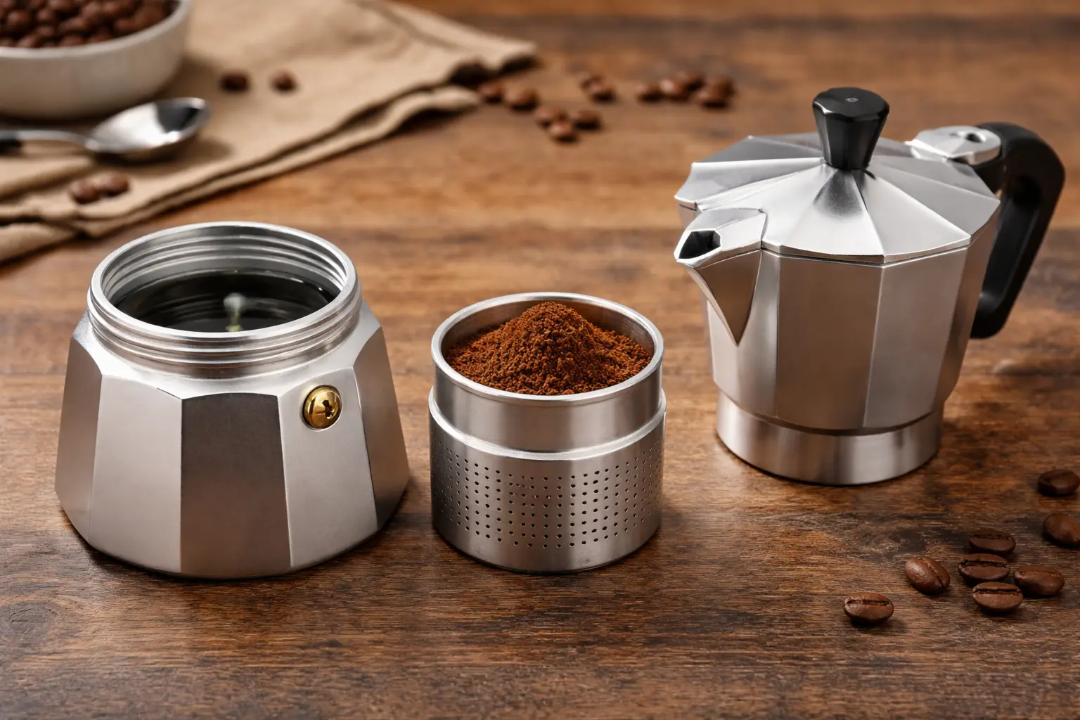 How to clean a moka pot: pot disassembled into base, filter basket, and top section