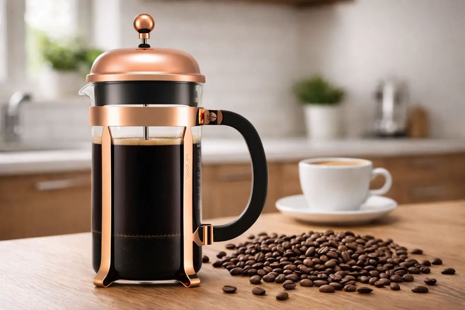 Whole coffee beans beside a French press and brewed coffee