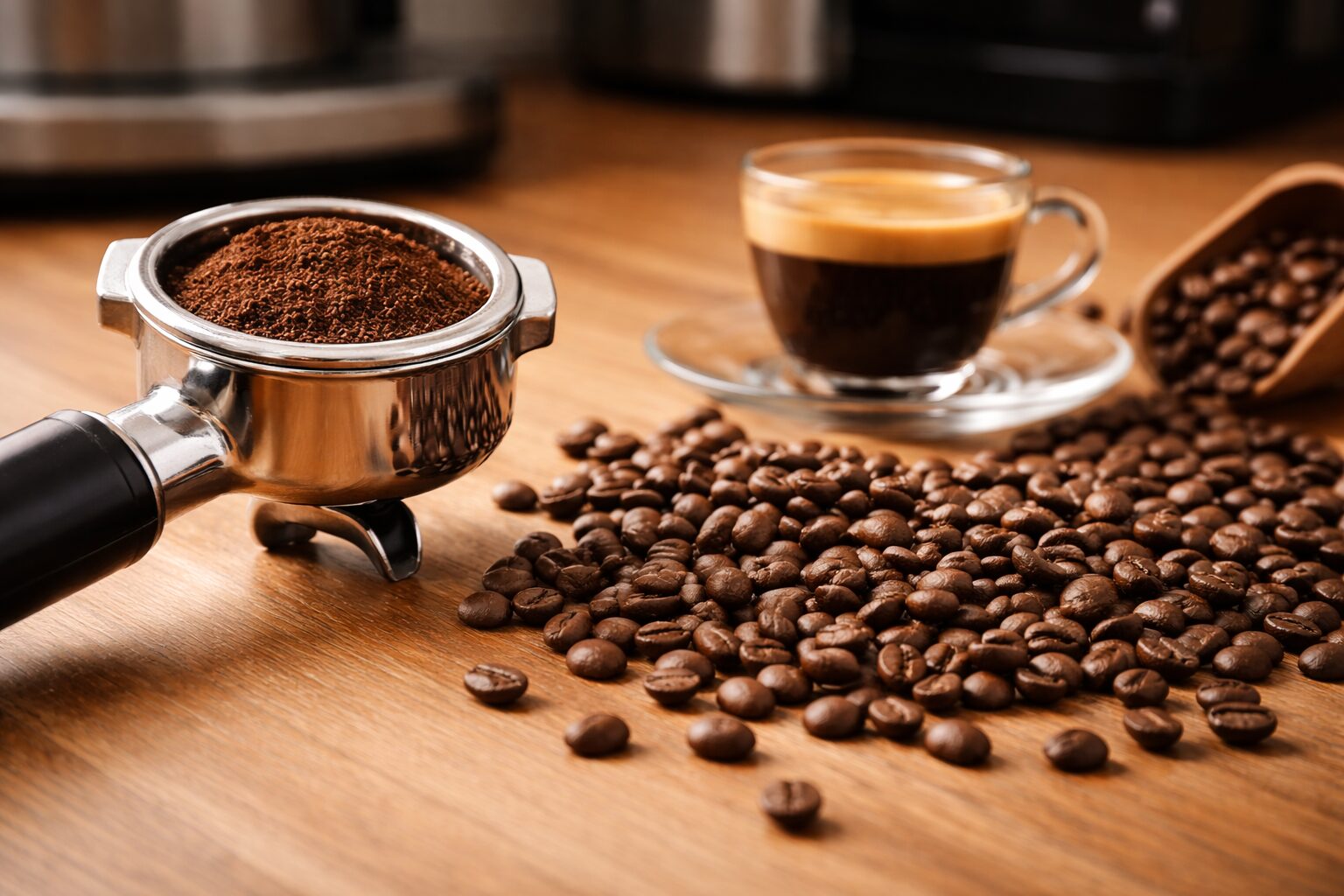 Best coffee beans for espresso — whole beans spread beside a portafilter on a wooden surface with a pulled double shot in the background