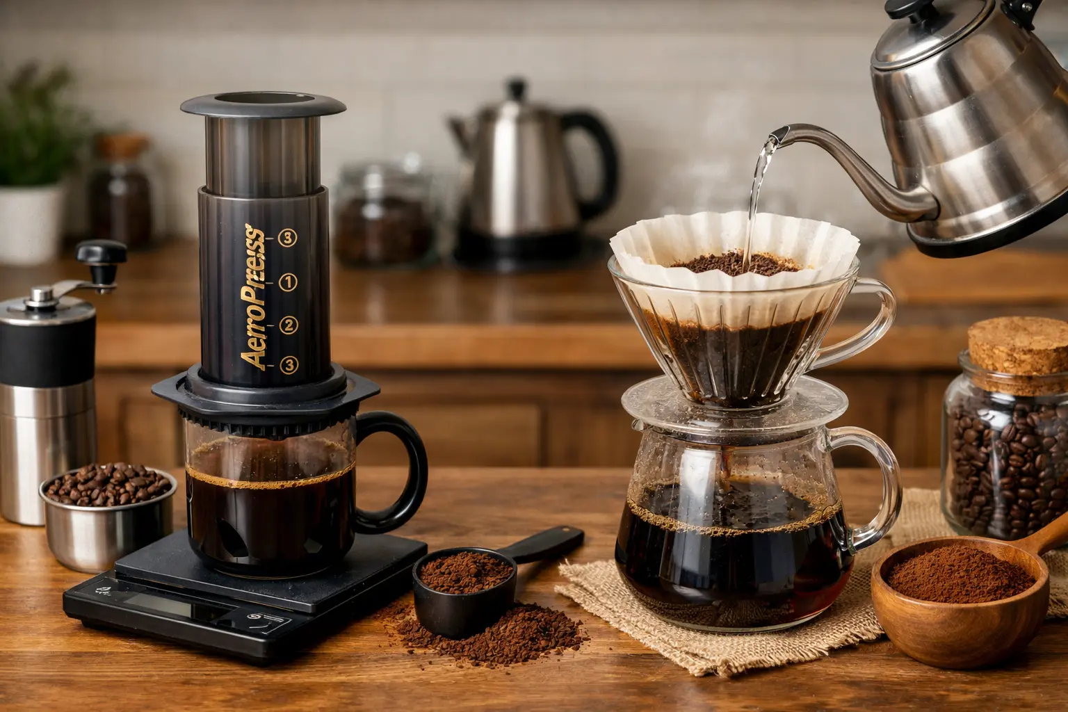 AeroPress and pour over brewers side by side on a kitchen counter