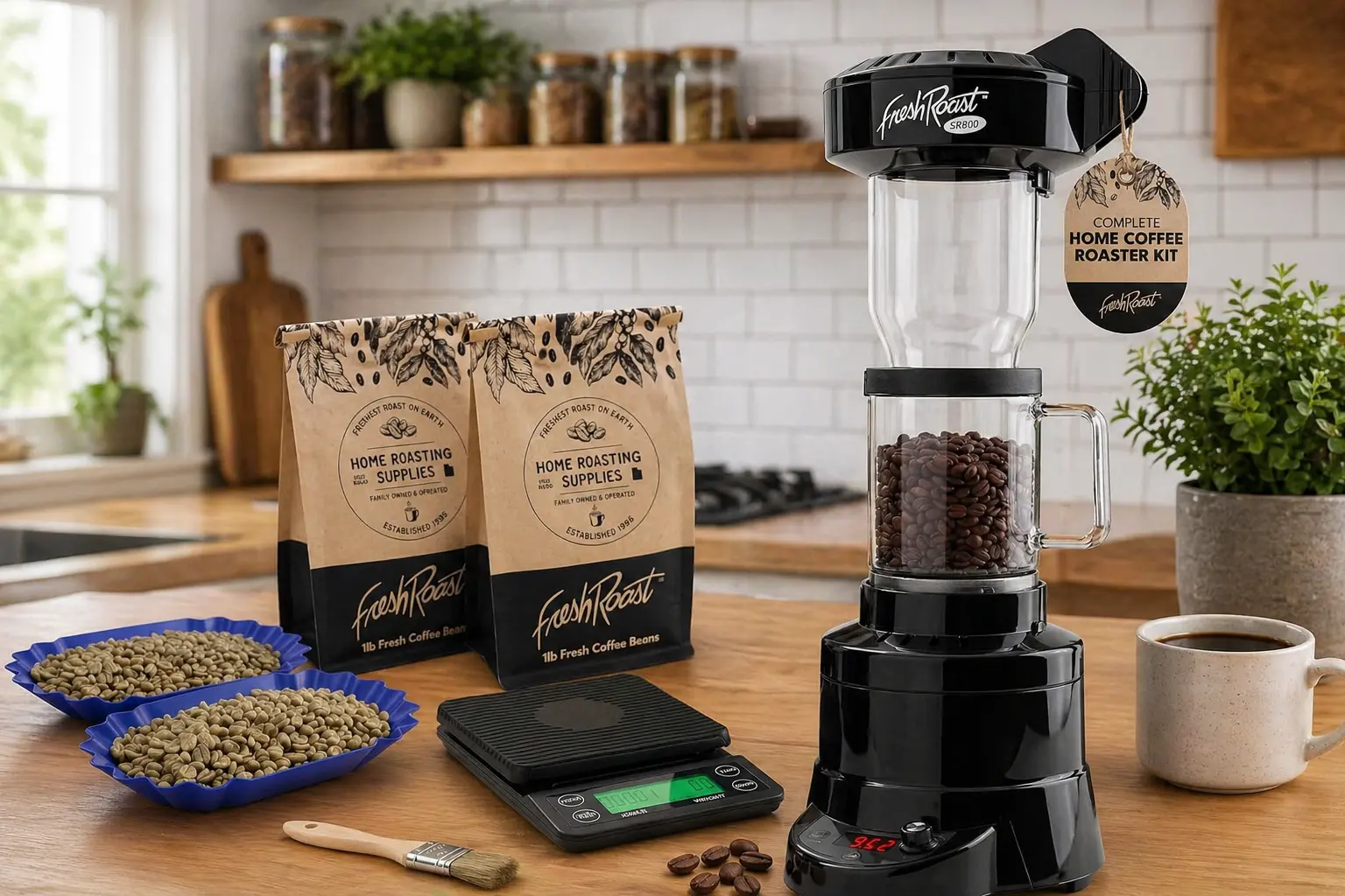 Fresh Roast SR800 Full Review and Roast Profiles (2026): Is It the Best Home Coffee Roaster? 1 Fresh Roast SR800 home coffee roaster review — fluid bed air roaster with 9 heat and 9 fan control, glass roasting chamber with green coffee beans visible inside