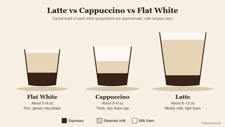 Latte vs cappuccino vs flat white diagram showing espresso, steamed milk and foam in each drink